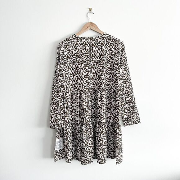 ASOS Dress All-Over Brown Floral Print Round Neck Long Sleeves Women's 10 NWT - Picture 2 of 8